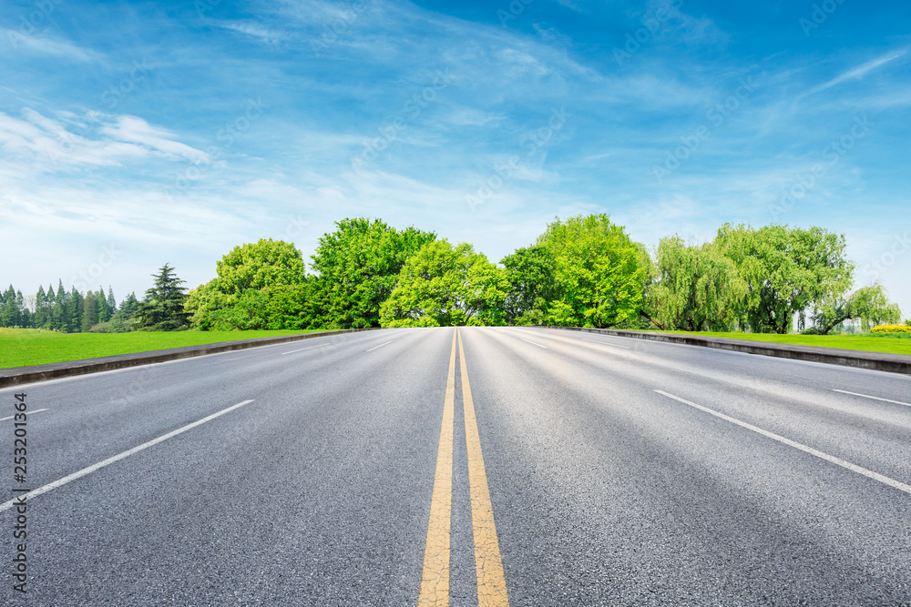 Fototapeta premium Straight asphalt road and green forest under blue sky