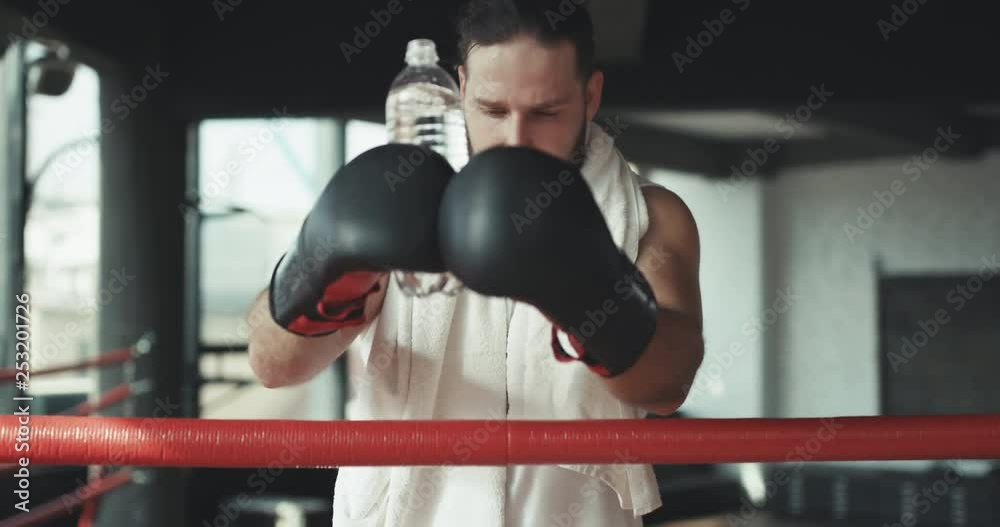 Boxer taking a break drinking from the water bottle after training in gym. Man after tough training Boxer taking a break drinking from the water bottle after training in gym. Man after tough training