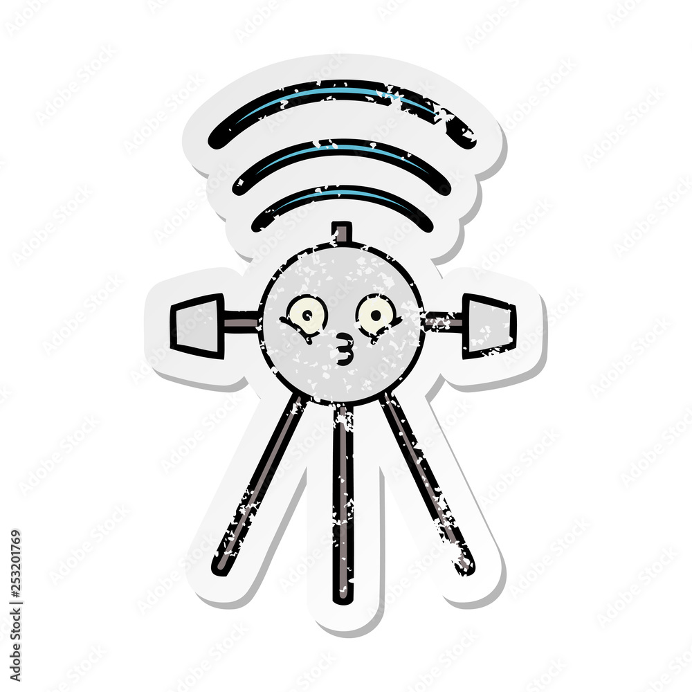 distressed sticker of a cute cartoon satellite distressed sticker of a cute cartoon satellite