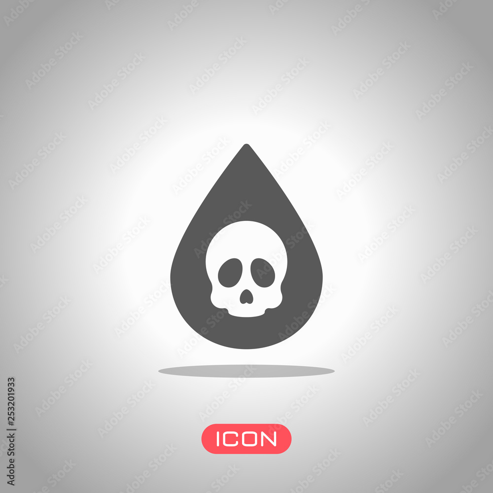Drop of poison or acid with skull symbol. Icon of danger. Icon under spotlight. Gray background Drop of poison or acid with skull symbol. Icon of danger. Icon under spotlight. Gray background