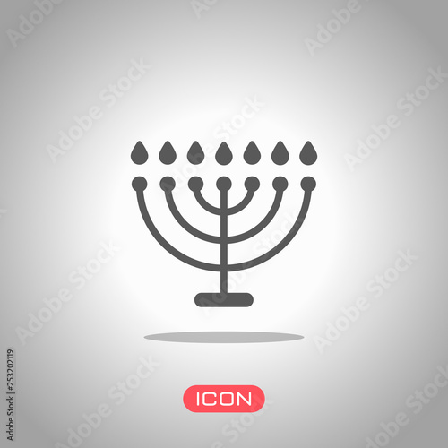 Hanukkah icon or menorah lamp. Outline Jewish Candles. Icon under spotlight. Gray background