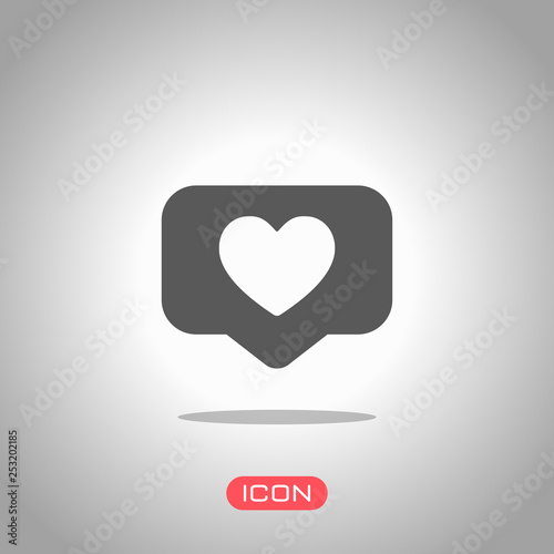 Like icon, heart in notification cloud, social symbol. Icon under spotlight. Gray background
