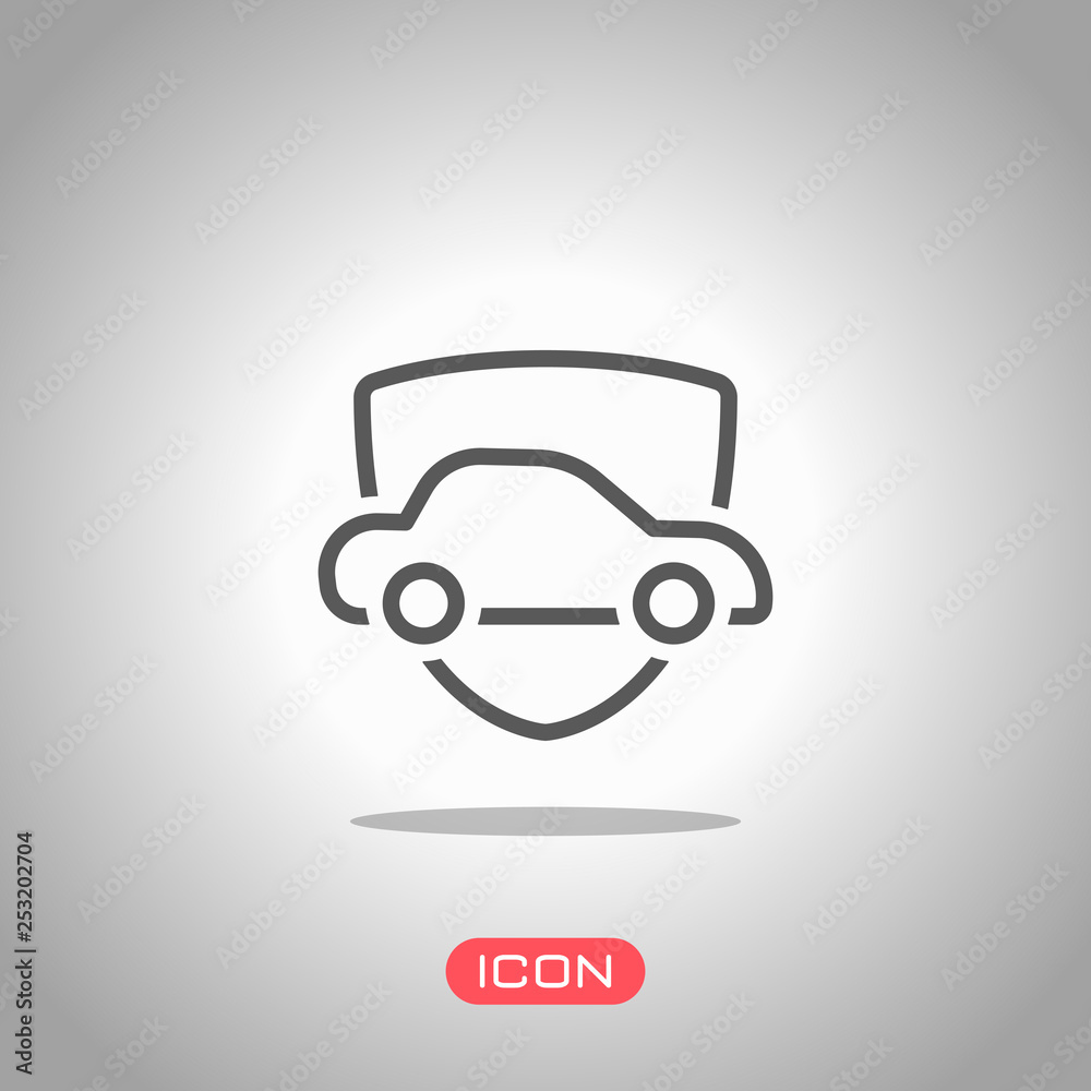 Car protect, shield of secure, linear outline icon. Icon under spotlight. Gray background