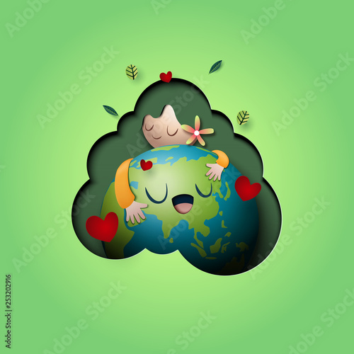 Paper art of love nature concept and mother earth day concept background template.Ecology and environment conservation creative idea concept.Vector illustration.