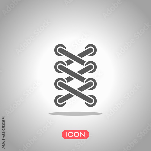 Shoelace of sneaker, simple icon. Icon under spotlight. Gray background
