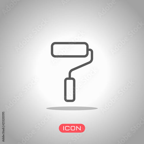 Paint roller, paintbrush, outline linear icon. Icon under spotlight. Gray background