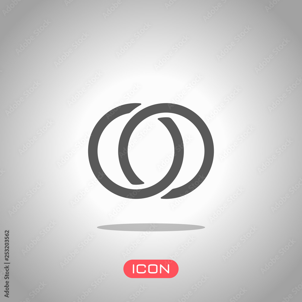Wedding rings, pair linked circles, simple icon. Icon under spotlight. Gray background
