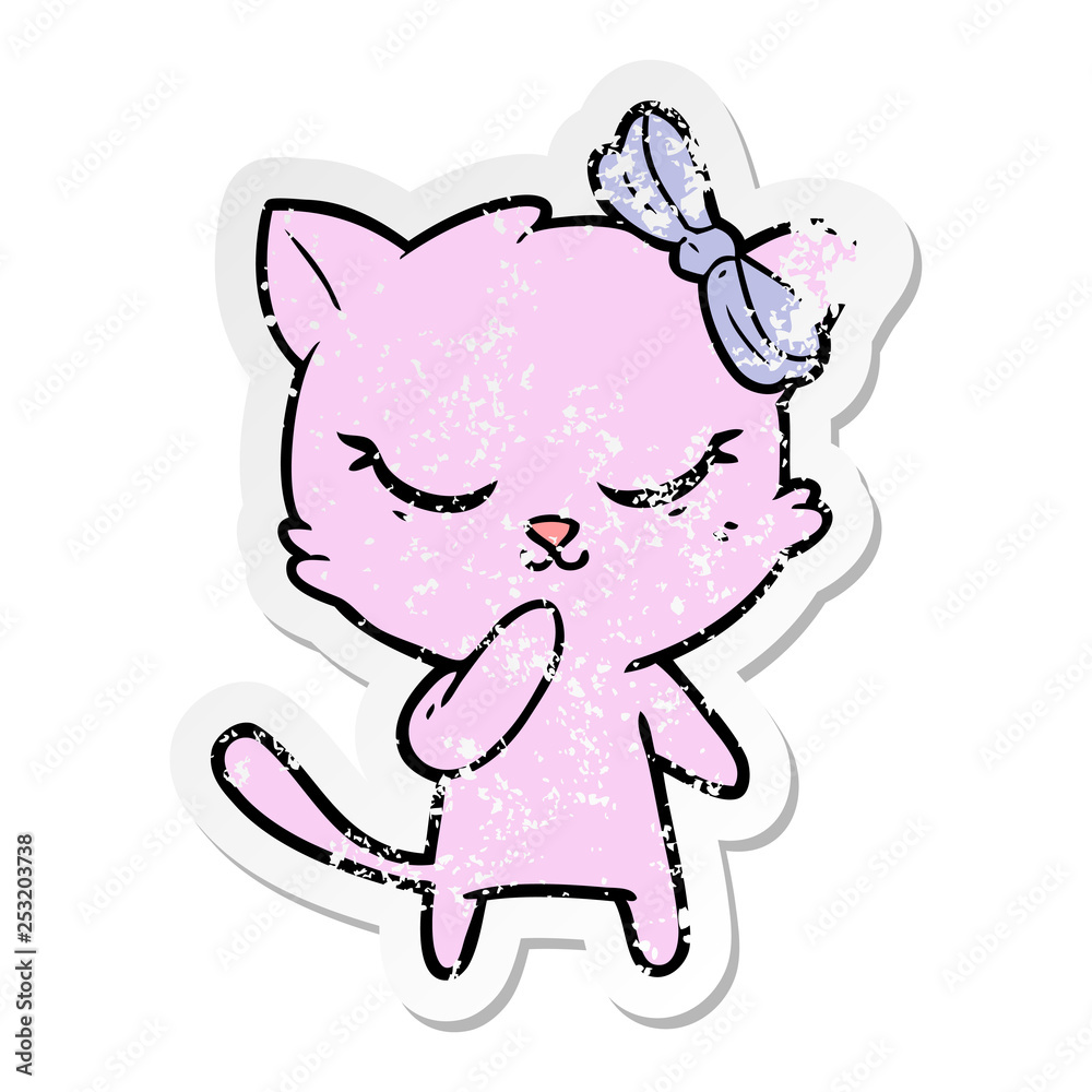 distressed sticker of a cute cartoon cat with bow