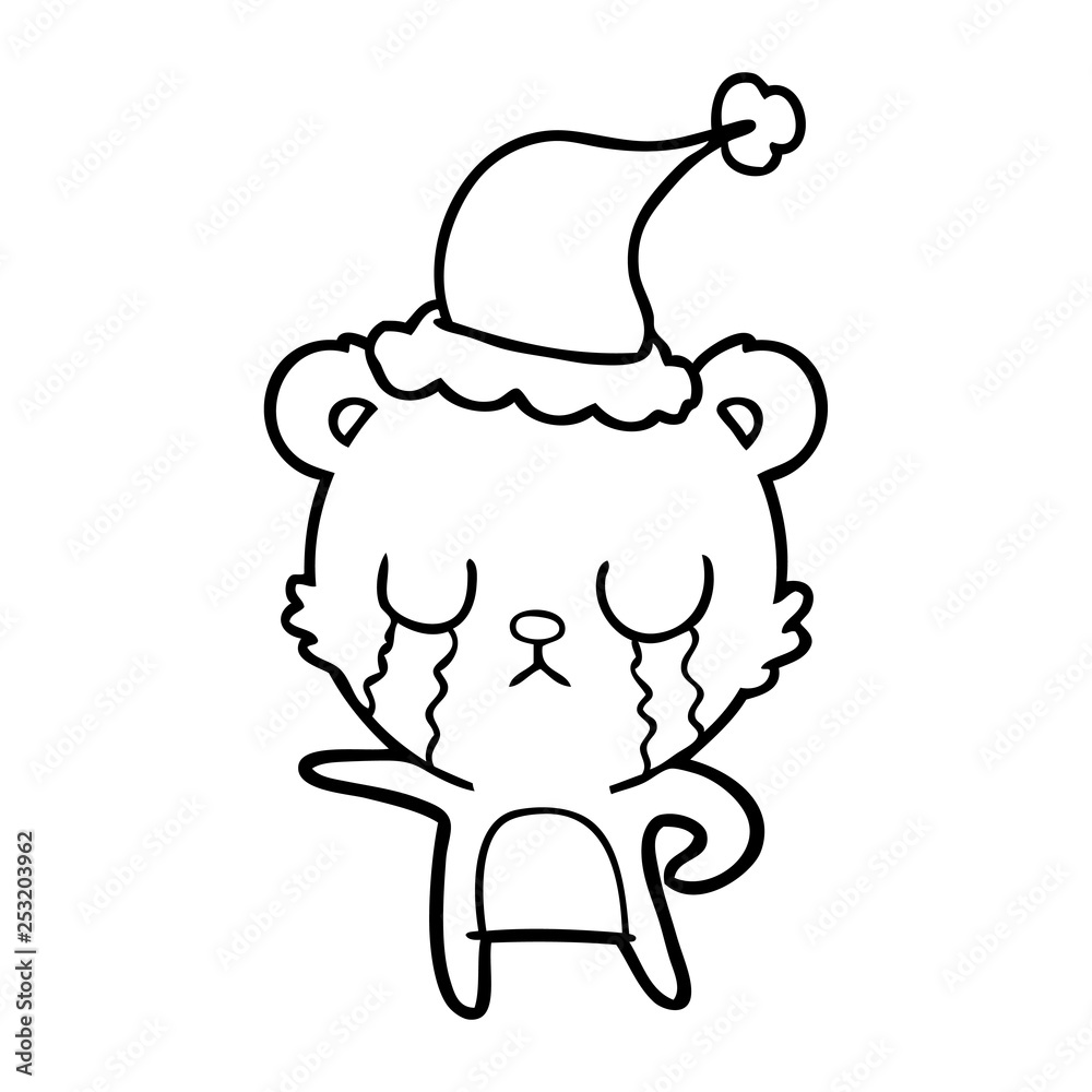 crying line drawing of a bear wearing santa hat crying line drawing of a bear wearing santa hat