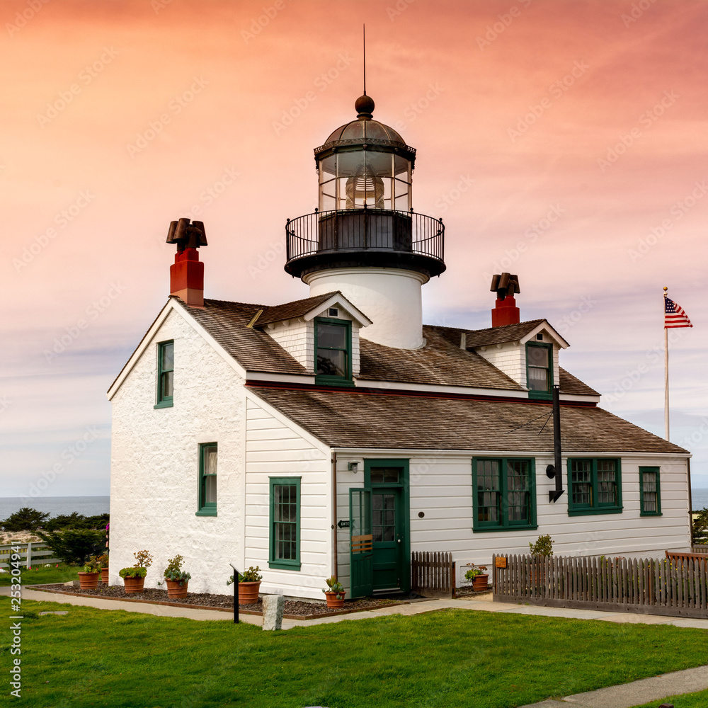 Point Pinos Lighthouse in the sunrise in Monterey, California, USA
