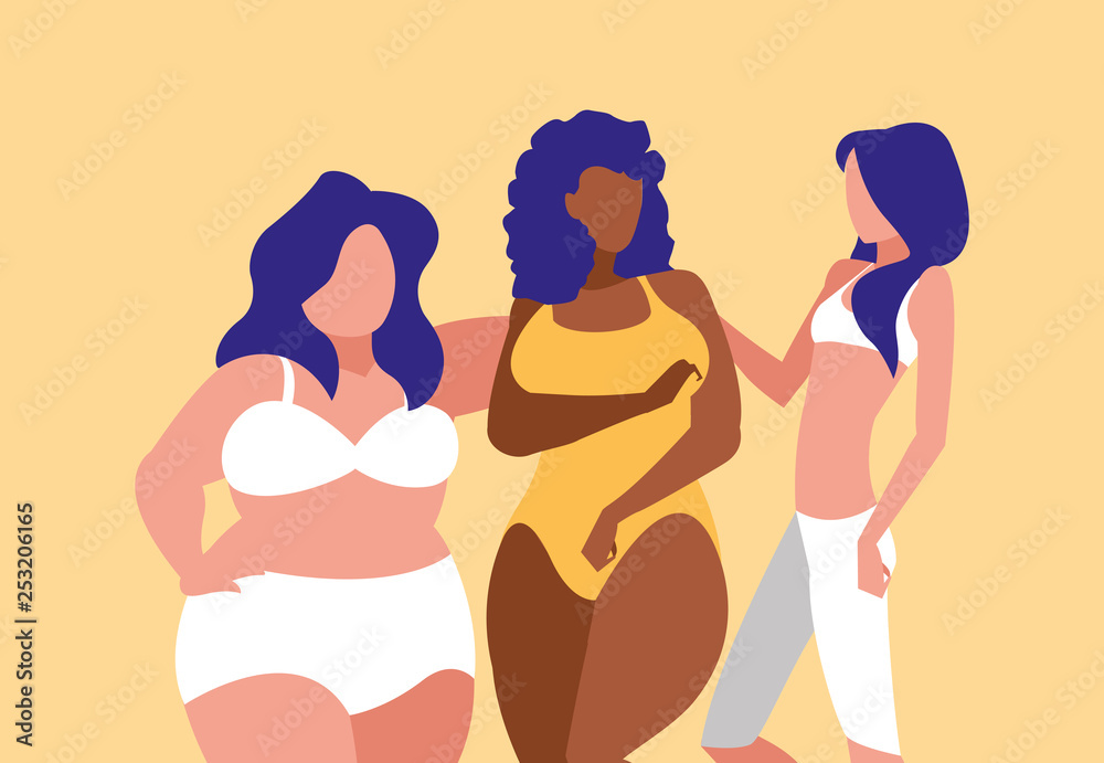 women of different sizes and races modeling underwear