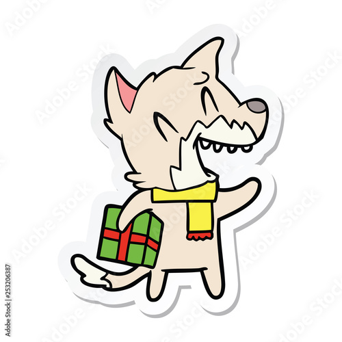 sticker of a laughing christmas fox cartoon