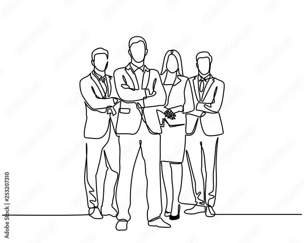 continuous line drawing of business team standing with crossed arms. Isolated over white background. Vector