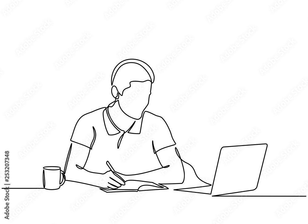 Continuous line drawing of young businessman working with laptop in an office. Make a job report. Vector Continuous line drawing of young businessman working with laptop in an office. Make a job report. Vector