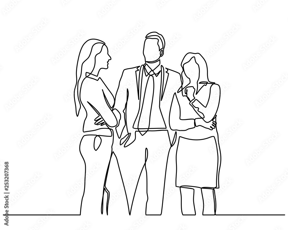 Continuous line drawing of office workers standing at business meetings