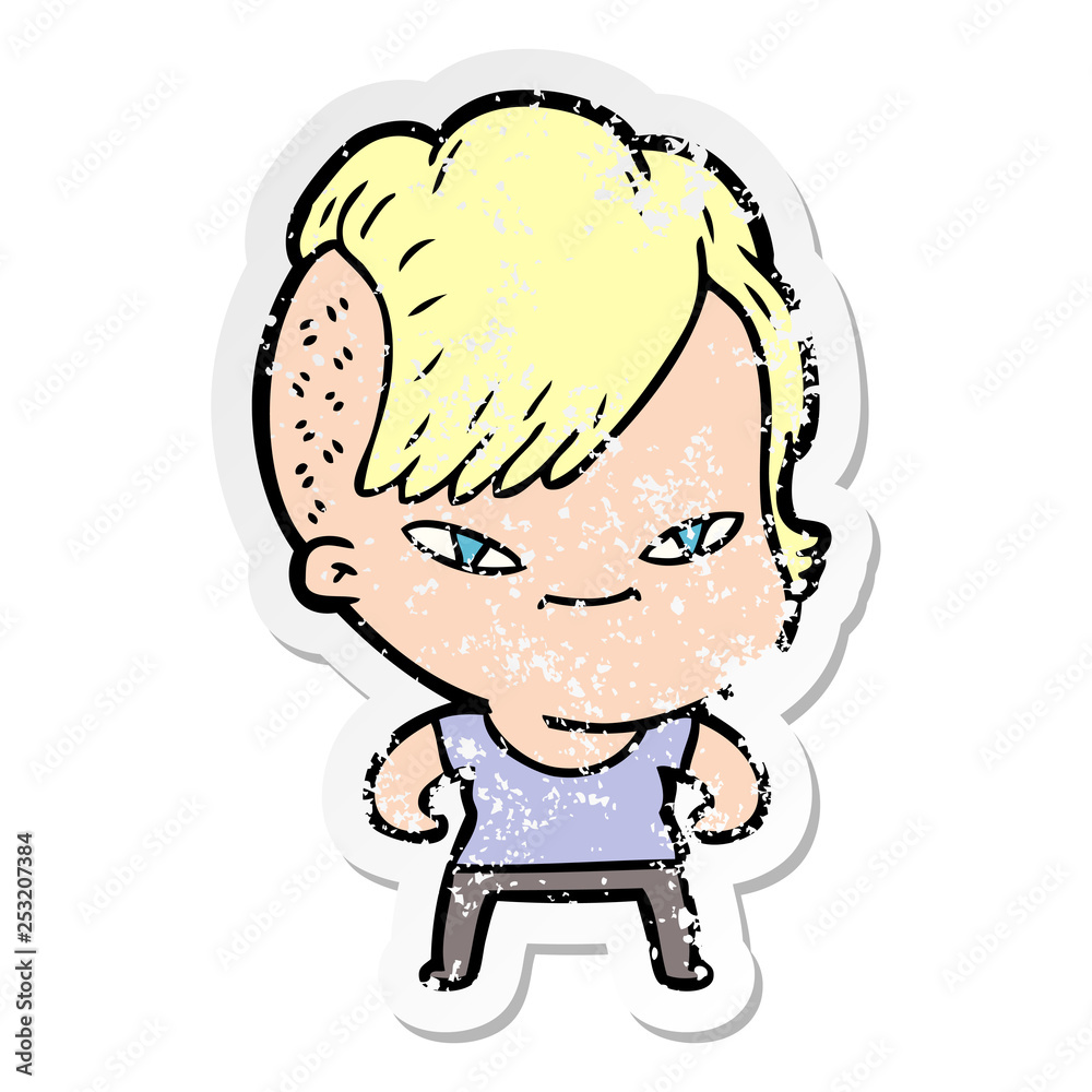 distressed sticker of a cute cartoon girl with hipster haircut distressed sticker of a cute cartoon girl with hipster haircut