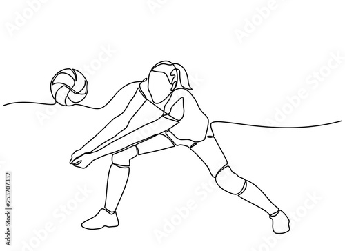 continuous line drawing of Female professional volleyball player isolated on with ball. The athlete, exercise, action, sport, healthy lifestyle, training, fitness concept.