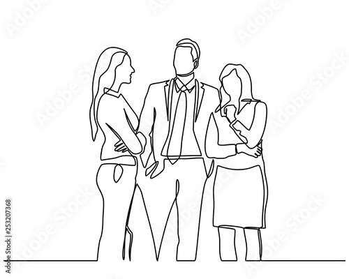 Continuous line drawing of office workers standing at business meetings. Group of business people chatting after the meeting. Vector