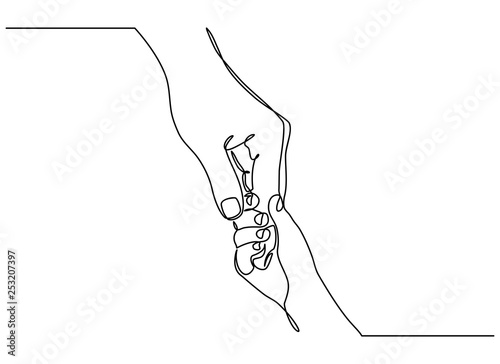 Continuous line drawing. the parent holds the hand of a small child. Display of small children holding adult finger.