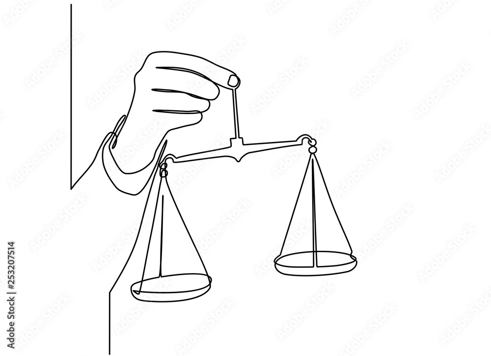 Continuous line drawing of scales justice hold in hand judge. Law and ...