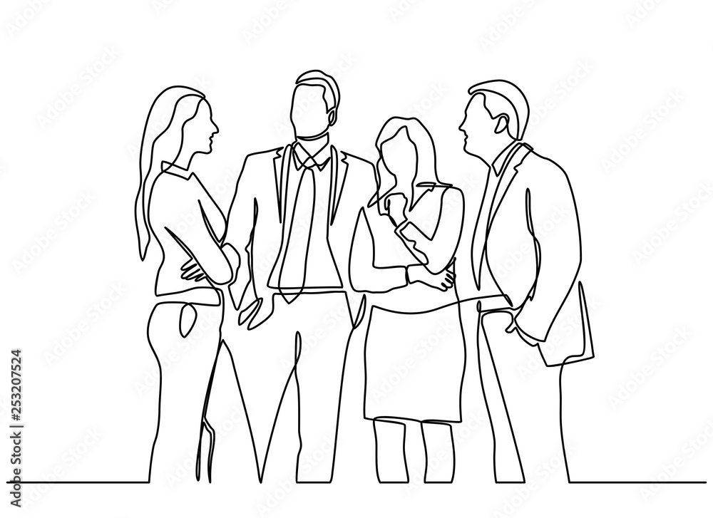 Continuous line drawing of office workers standing at business meetings. Group of business people chatting after the meeting. Vector Continuous line drawing of office workers standing at business meetings. Group of business people chatting after the meeting. Vector