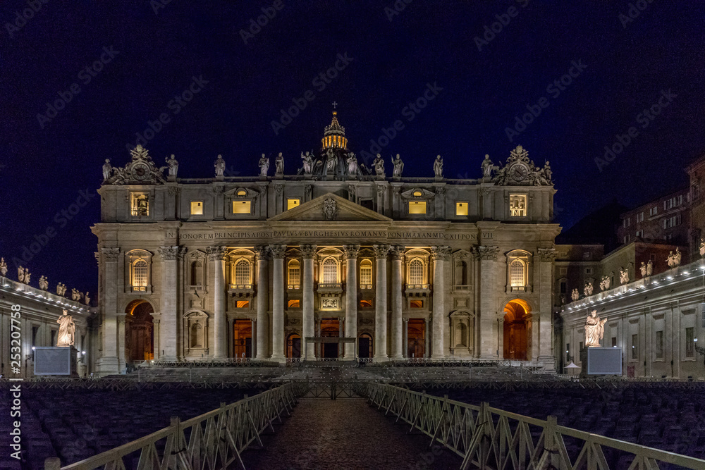 Vatican City,Italy - 23 June 2018: St.Peters Basilica is illuminated with lights at night in Vatican city in the square at night