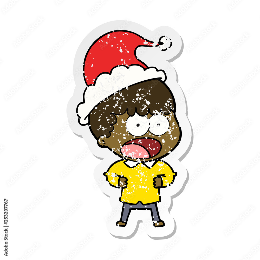 distressed sticker cartoon of a shocked man wearing santa hat