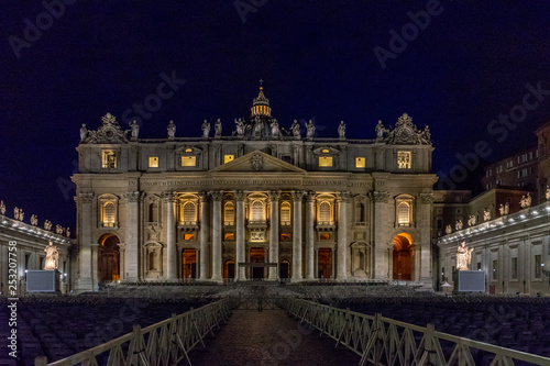 Vatican City,Italy - 23 June 2018: St.Peters Basilica is illuminated with lights at night in Vatican city in the square at night