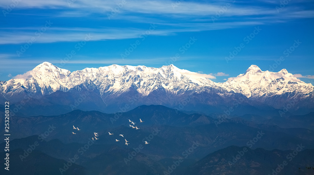 Kumaon Himalayan mountain range with view of flying migratory birds as viewed from Binsar zero point Uttarakhand India.