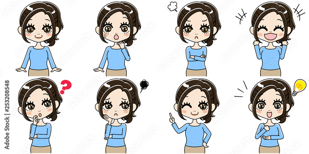 表情豊かな女性のイラストセット 表情豊かな女性のイラストセット