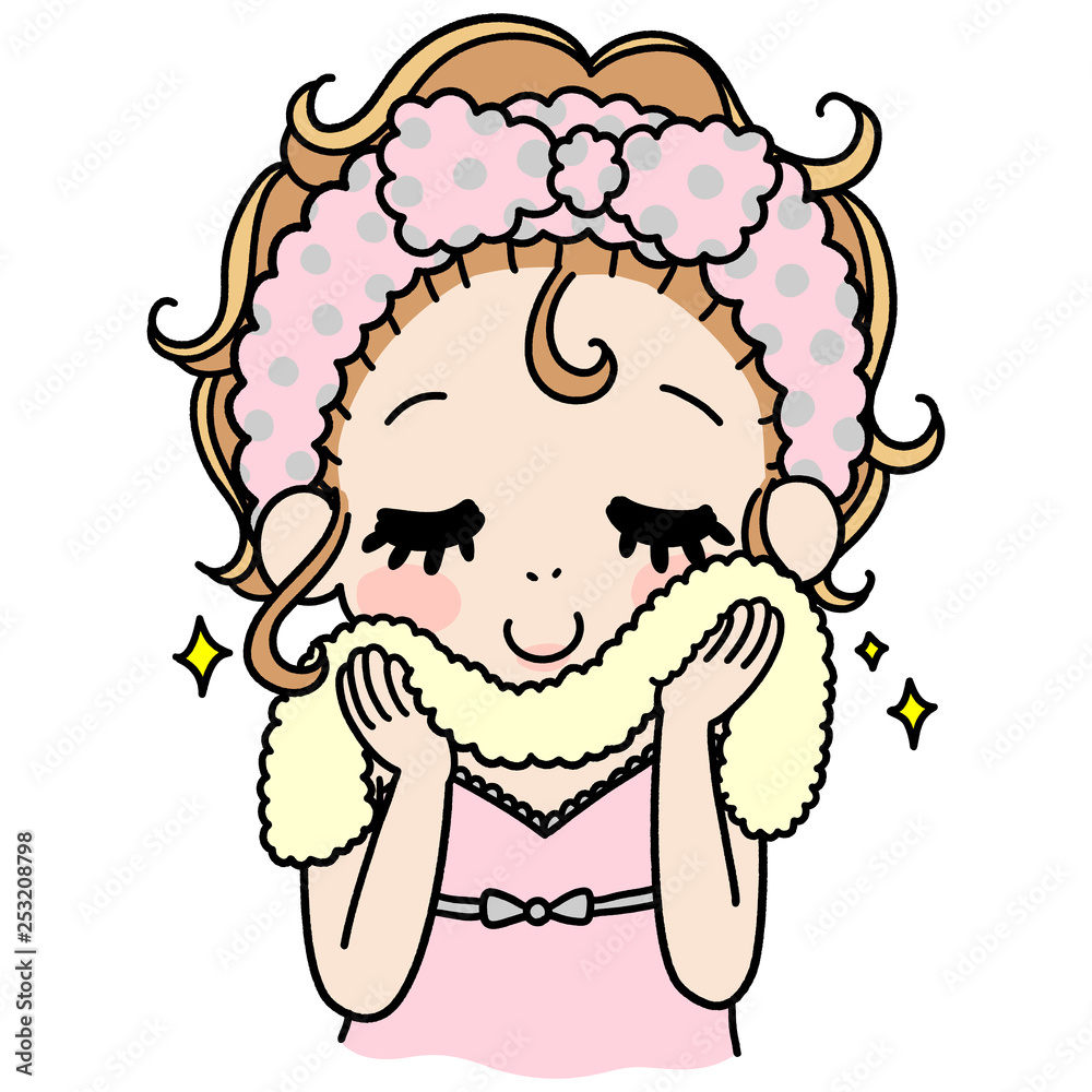 Fototapeta premium タオルで顔を拭く女性のイラスト