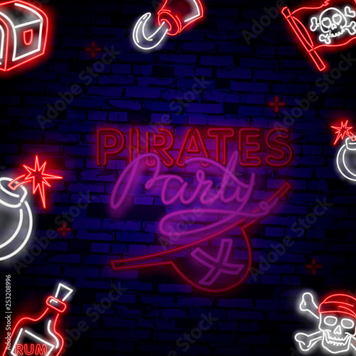 Pirates party Neon Text Vector. Pitate neon icon, design template, modern trend design, night neon signboardVintage pirate emblem glowing neon photo