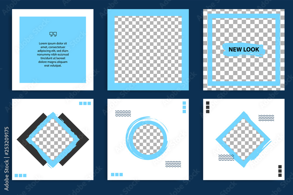 Editable square Memphis geometric banner template. Minimalist design background in dark and light blue color. Vector illustration. Suitable for social media post and cover, web internet, brochure.