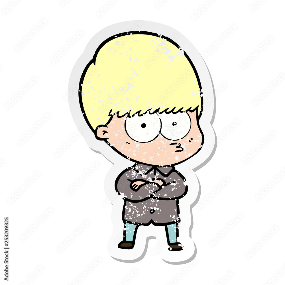 distressed sticker of a annoyed cartoon boy