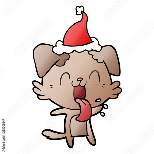 gradient cartoon of a panting dog wearing santa hat