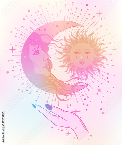 Sun eclipse concept. Vector illlustration of astronomy and astrology symbol in pastel colors. 80-90s style