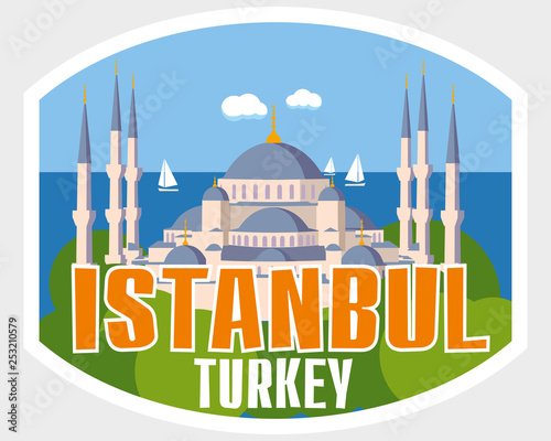 Tourist sticker istanbul. Cathedral on the background of the sea. Vector graphics