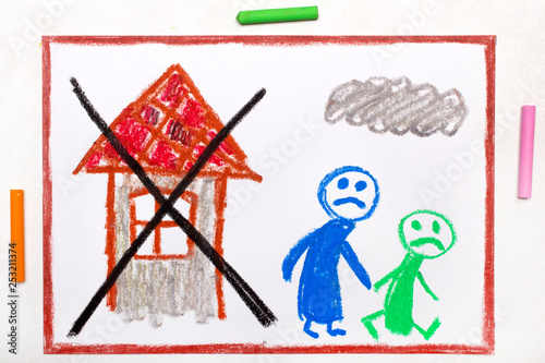 Colorful drawing: Two sad people leave their home. The problem of homelessness, eviction or moving out.