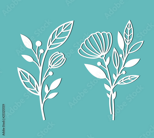 Branches with flowers and leaves. Patterns for decoration. Elements for cutting out of paper, plotter or laser cutting.