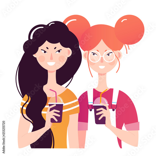 Two young girls drink cocktails. Chatting girlfriends. Teenage girls.