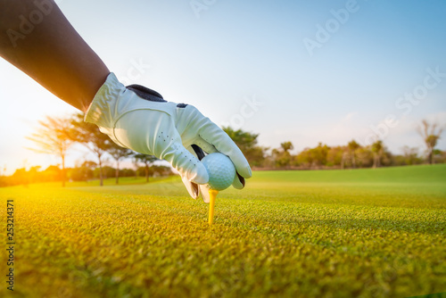 A golfer glove hand putting golf ball on tee in golf course with sunlight ray and golf course view background