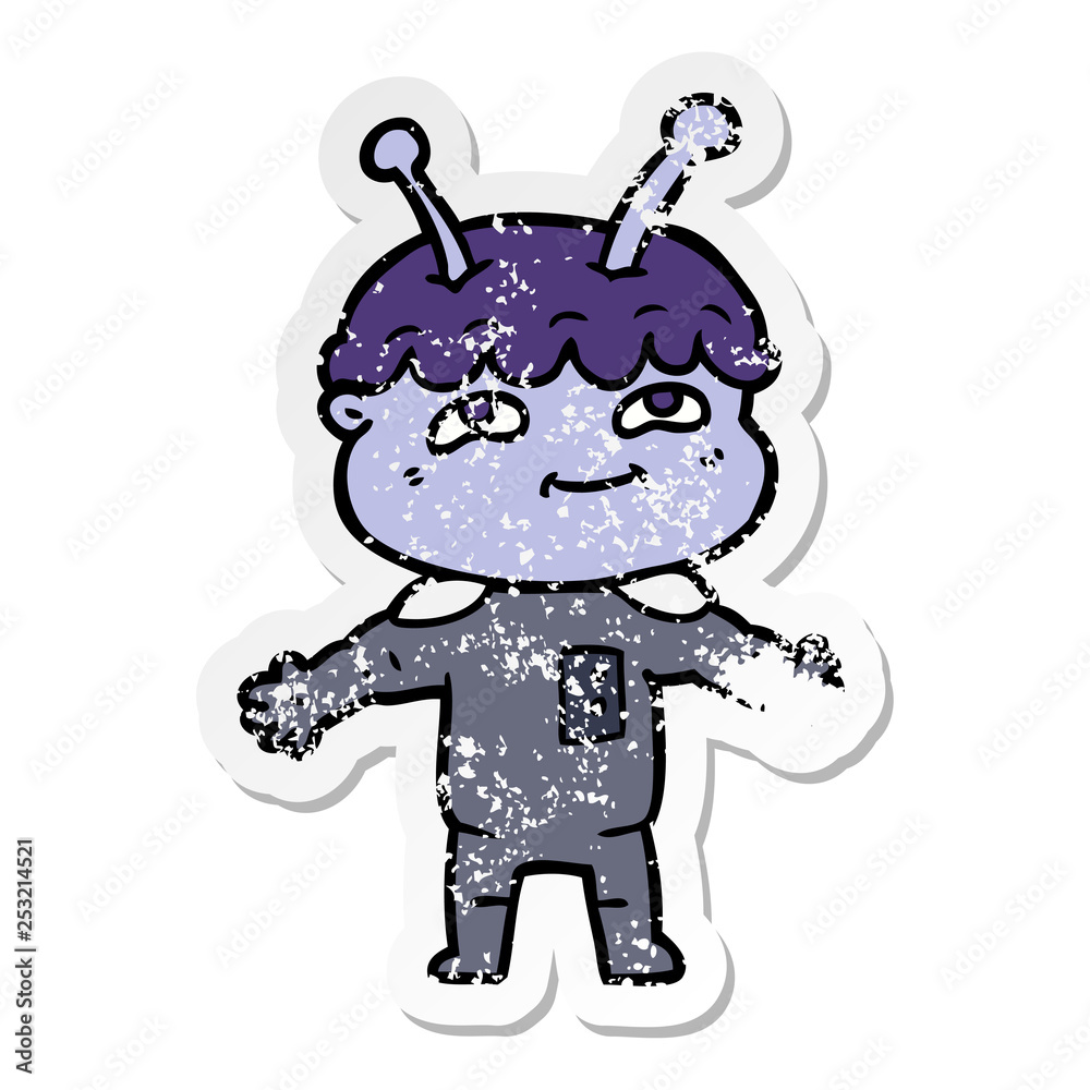 distressed sticker of a friendly cartoon spaceman with open arms distressed sticker of a friendly cartoon spaceman with open arms