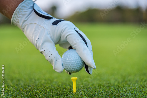 A golfer glove hand putting golf ball on tee in golf course with sunlight ray and golf course view background