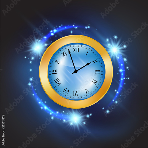 New year clock with swirling neon blue meteor vortex vector illustration. Christmas winter mood. Sparkling holiday glitter, happy celebration idea. Vintage, antique mechanism for cards, classic poster
