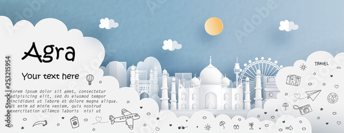 Tour and travel advertising template with travel to Agra, India with famous landmarks in paper cut style vector illustration