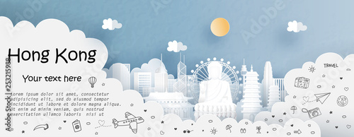 Tour and travel advertising template with travel to Hong Kong with famous landmarks in paper cut style vector illustration