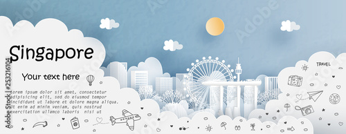 Tour and travel advertising template with travel to Singapore with famous landmarks in paper cut style vector illustration