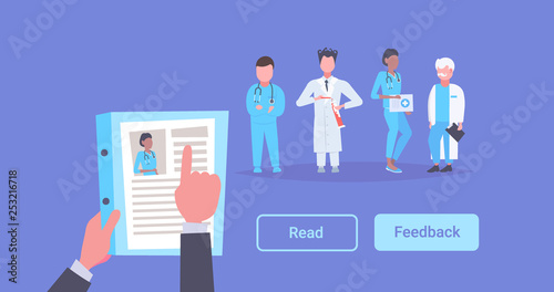 hr manager hand hold cv resume of female doctor over hospital workers group medical occupation choose candidate for vacancy job position recruitment concept flat horizontal
