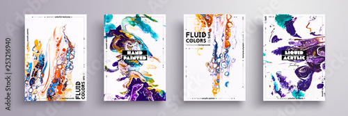 Abstract painting, can be used as a trendy background for wallpaper, poster, invitation, cover and presentation. Fluid art. Liquid marble texture with mixed of acrylic yellow, blue, purple paints