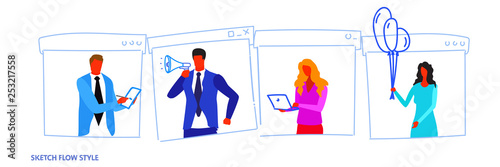 set different poses businesspeople office workers working process concept male female cartoon characters portrait sketch flow style horizontal web page